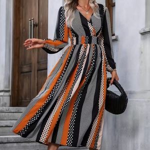 Striped Shirred Waist Dress, Elegant V Neck Long Sleeve Dress, orange and black